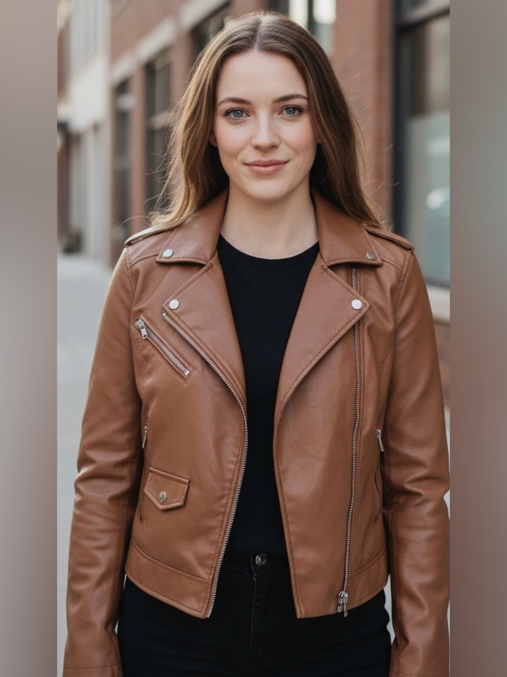 Nine West Faux Leather Brown Moto Jacket